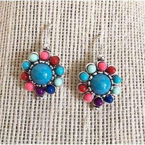 Modern Colorful Blue Aqua Bohemian Flower Silver Tone Drop Hook Earrings NEW